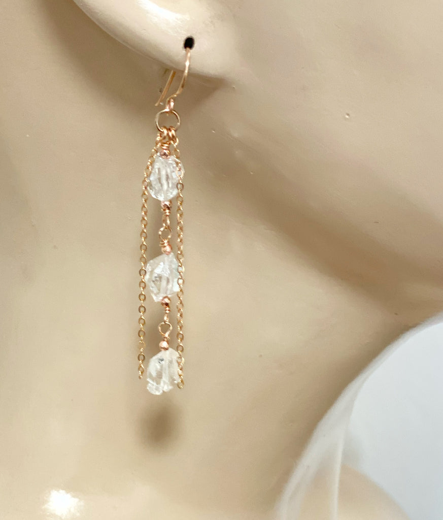 Herkimer Diamond Crystal Long Rose Gold Dangle Earrings