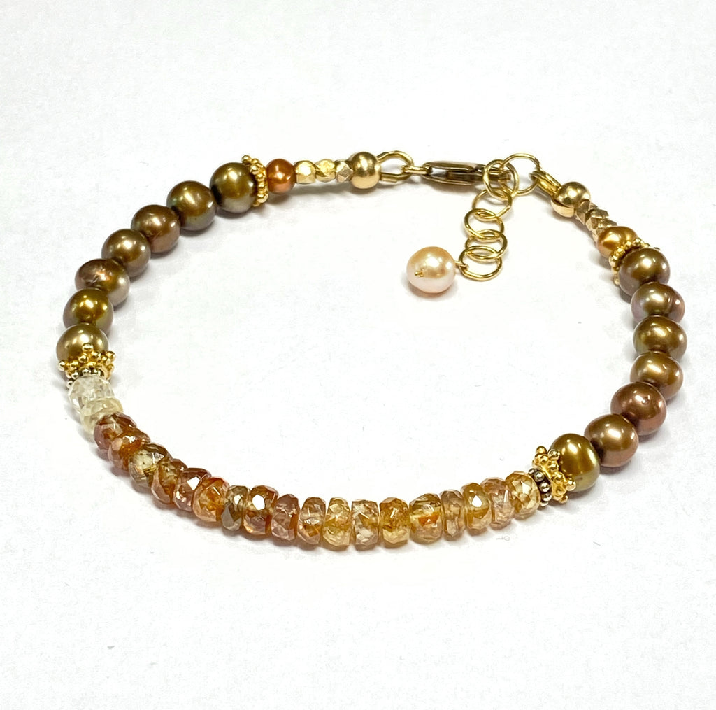 Natural Zircon Gemstone Golden Pearl Dainty Bracelet Gold Fill