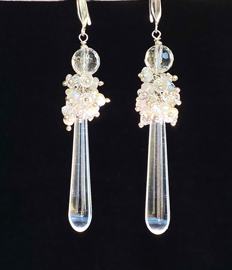 Pearl Cluster Long Crystal Quartz Drop Wedding Earrings - Doolittle Jewelry