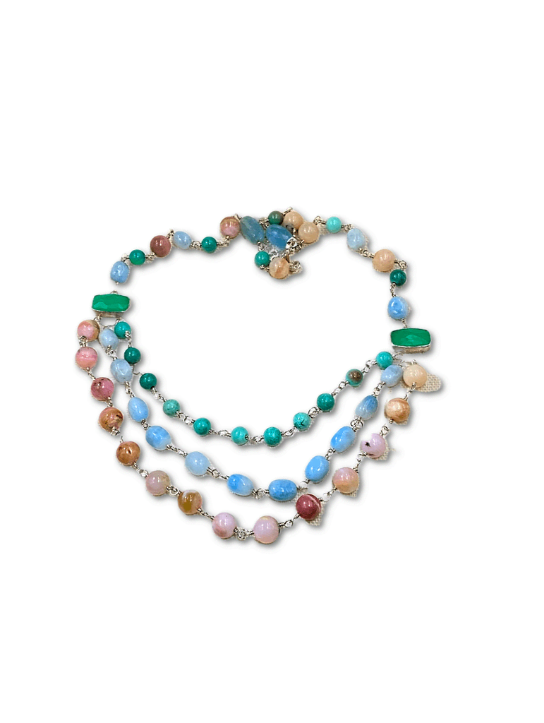 Multi-strand Necklace Multi-color Gemstone Wire Wrapped Opal Chrysoprase Aquamarine - doolittlejewelry