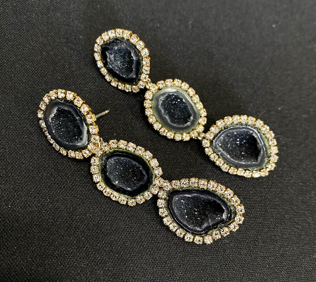 Black Tabasco Geode Triple Dangle Earrings