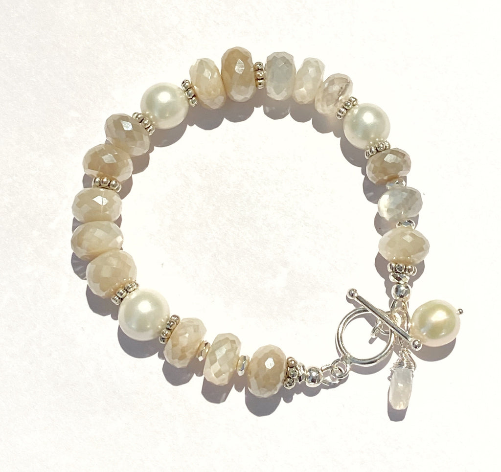 Mystic Moonstone, Pearl and Sterling Silver Layering Bracelet