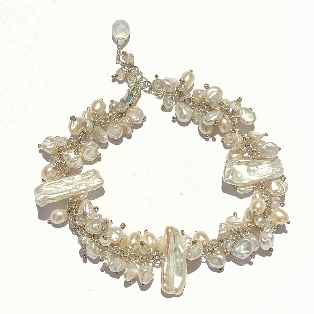 Keishi Pearl Bridal Bracelet Sterling Silver Mystic Crystal Pearl Cluster