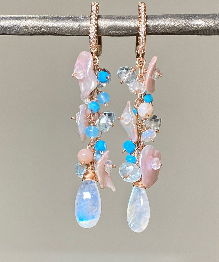 Long Gemstone Dangle Earrings Blush Keishi Pearl Rainbow Moonstone