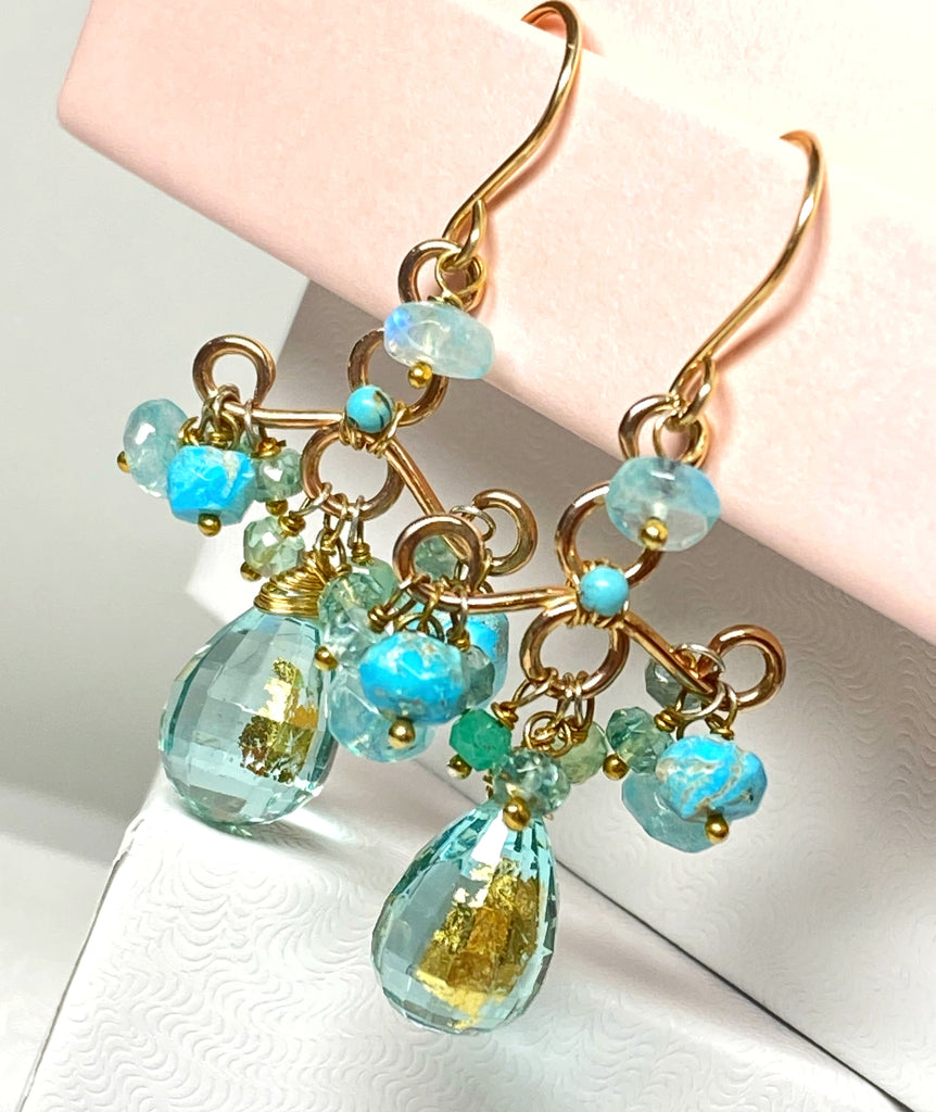 Aqua and Turquoise Chandelier Earrings Gold Fill Handmade