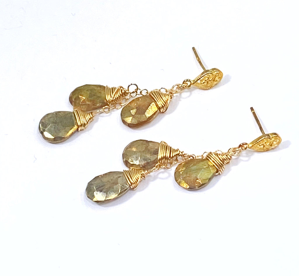 Gold Dangle Earrings Mystic Gold Labradorite Gemstone