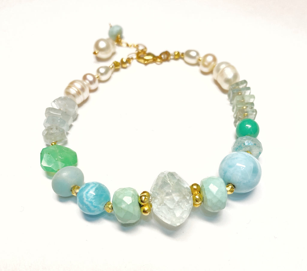 Aqua and blue gemstone, pearl bracelet for women
