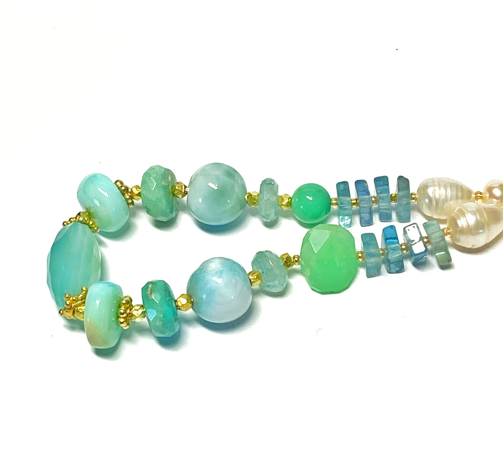 Aqua Chalcedony, Pearl and Gem Silk Knot Bracelet