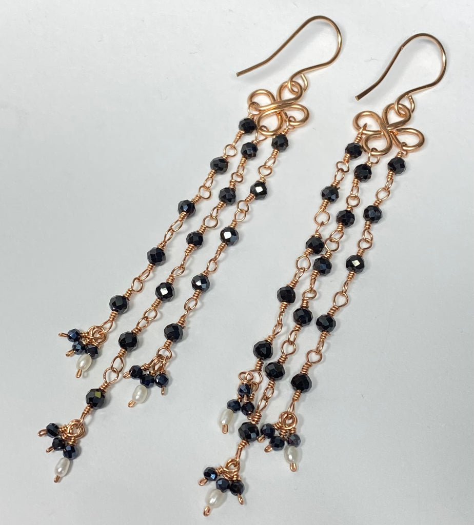 Long Black Spinel Shoulder Duster Dangle Earrings Rose Gold