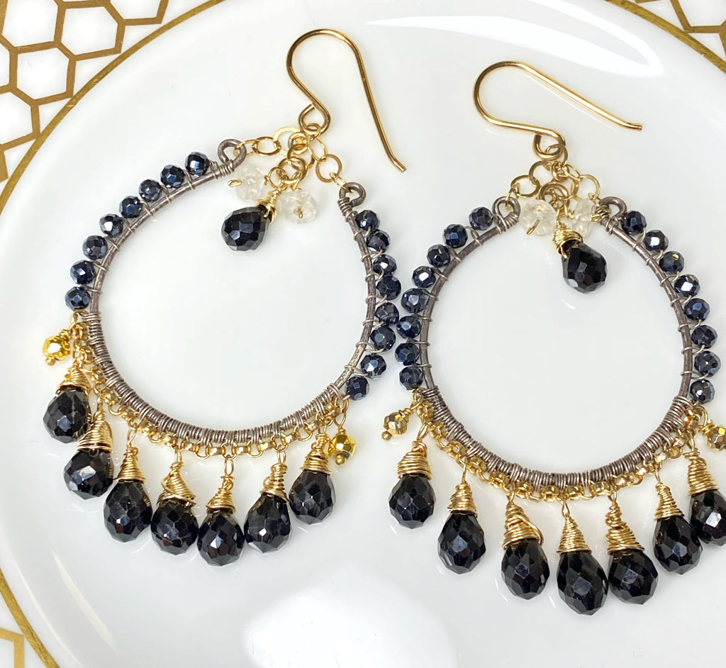 Mystic Black Spinel and Mixed Metal Hoop Earrings - Doolittle