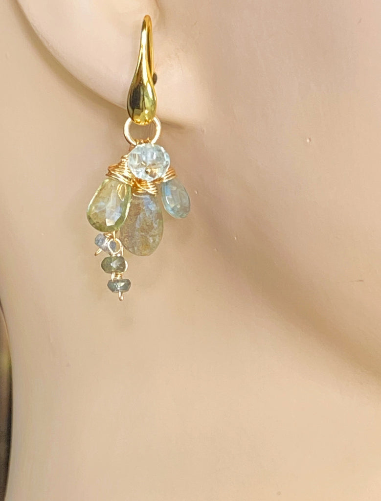 Moss Aquamarine and Labradorite Dangle Earrings Gold