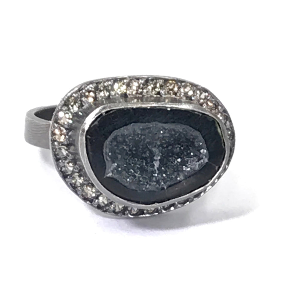 Black Geode and Pave Sapphire Ring in Oxidized Sterling Silver - doolittlejewelry