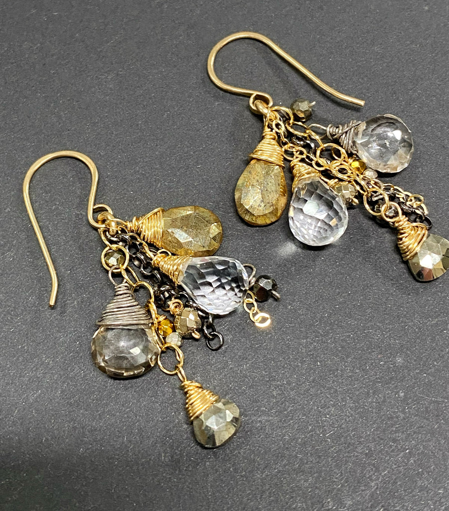 Crystal Quartz and Gold Mixed Metal Dangle Earrings