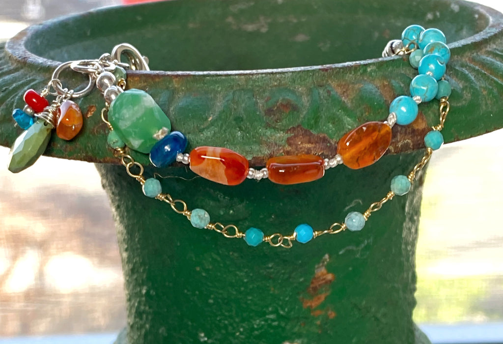 Turquoise, Carnelian Silk Knot Bracelet, Boho Style