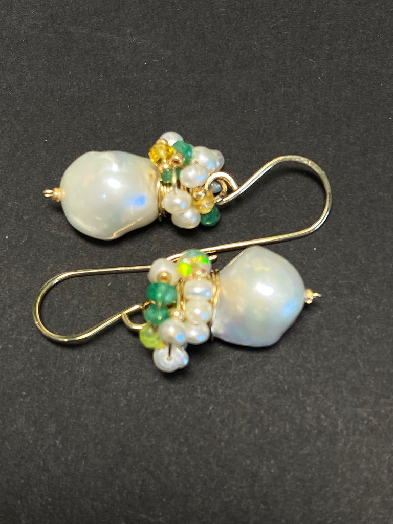 Emerald, Opal and Pearl Cluster Earrings Gold Fill