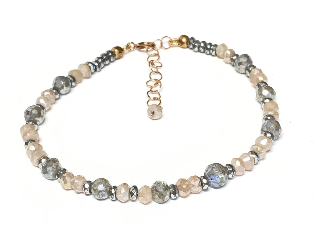 Labradorite Blush Moonstone Rose Gold Beaded Stacking Bracelet