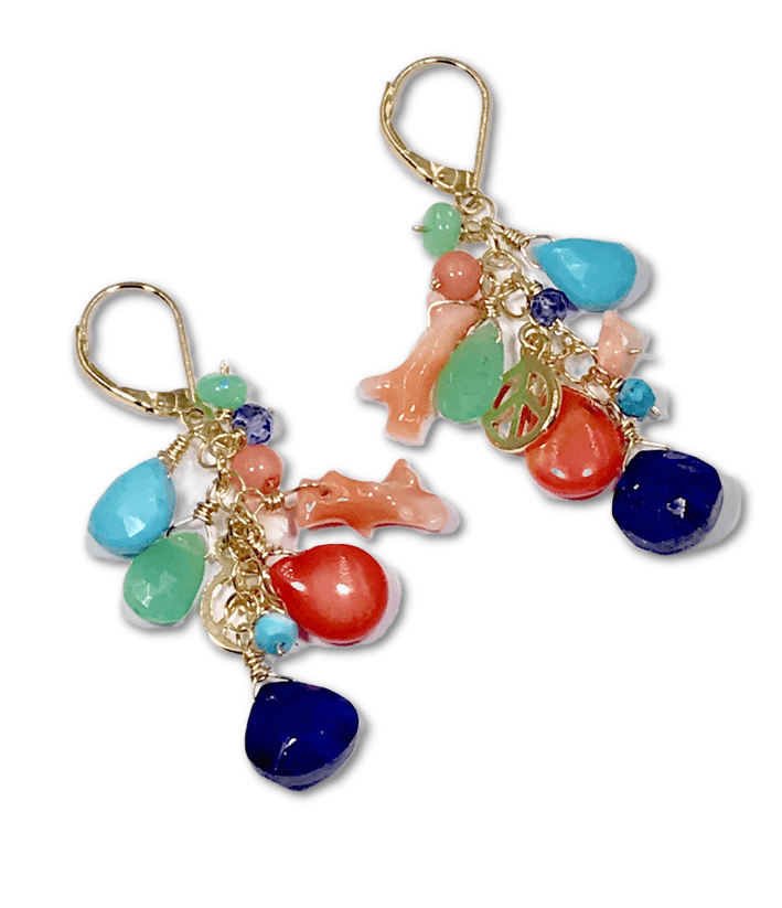 Multi Gemstone Gold Dangle Earrings Coral Blue Lapis Turquoise