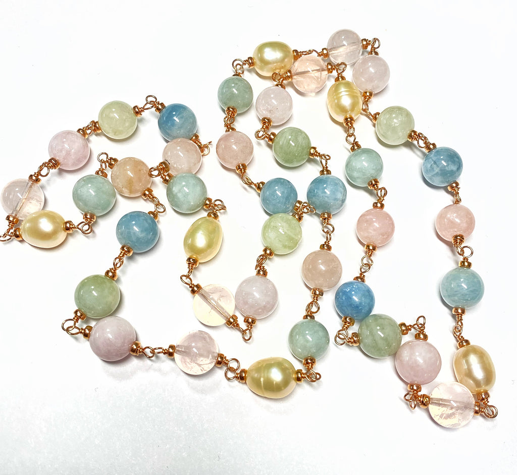 Long Rose Gold Necklace with Aquamarine, Morganite, Rose Quartz, Pearl Sautoir