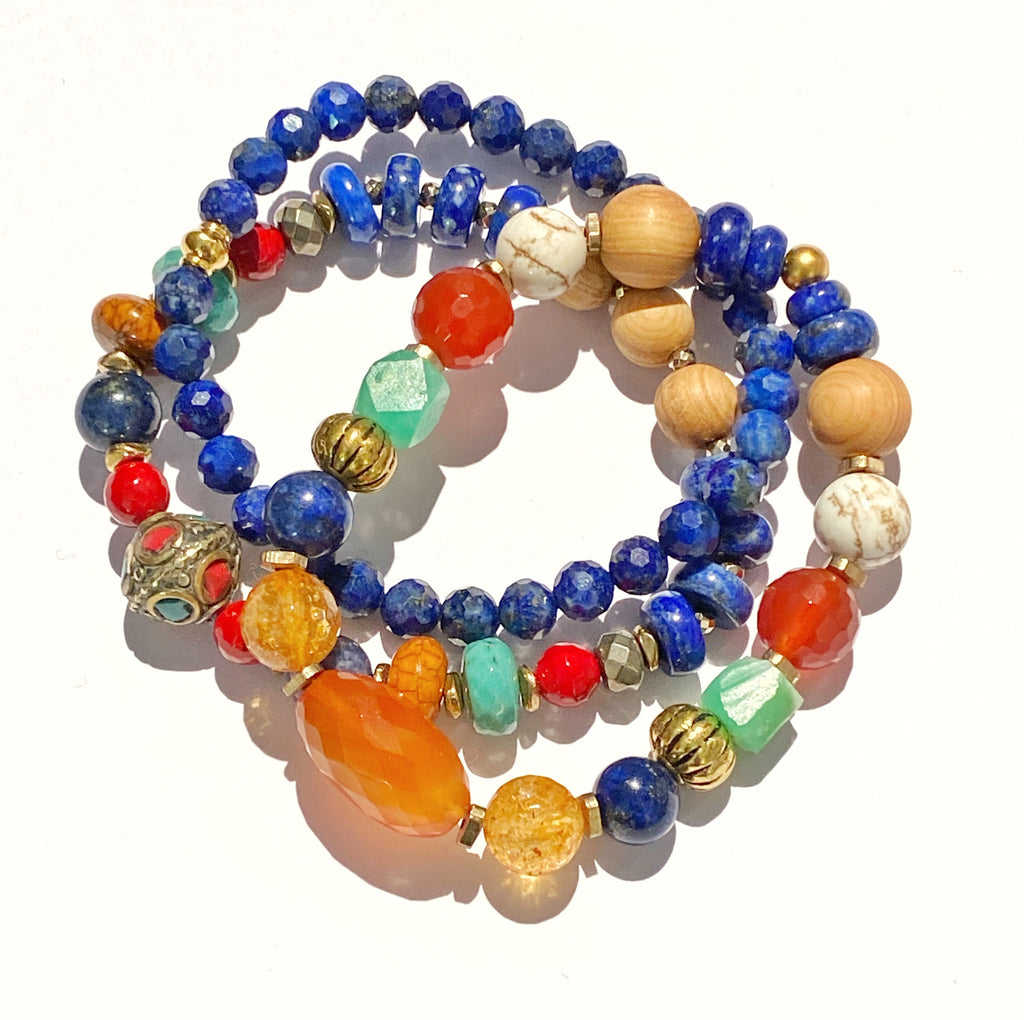 Stacking Bracelet Set of 3 Blue Lapis Chrysoprase Carnelian