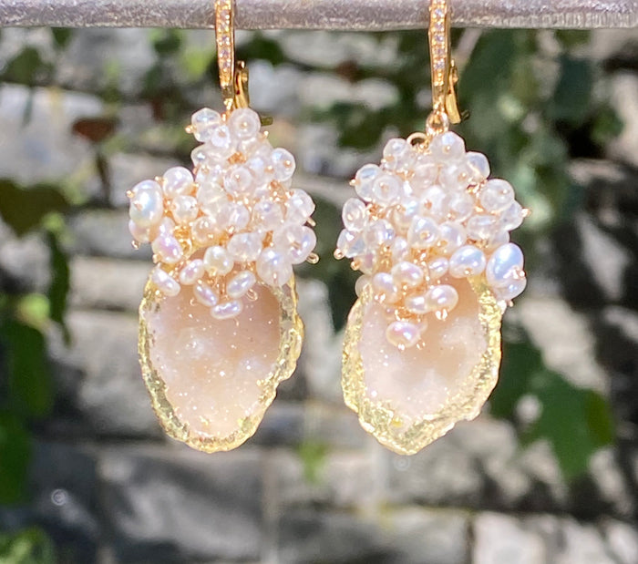 Ivory Beige Tabasco Geode Pearl Cluster 24 kt Gold Leaf Earrings