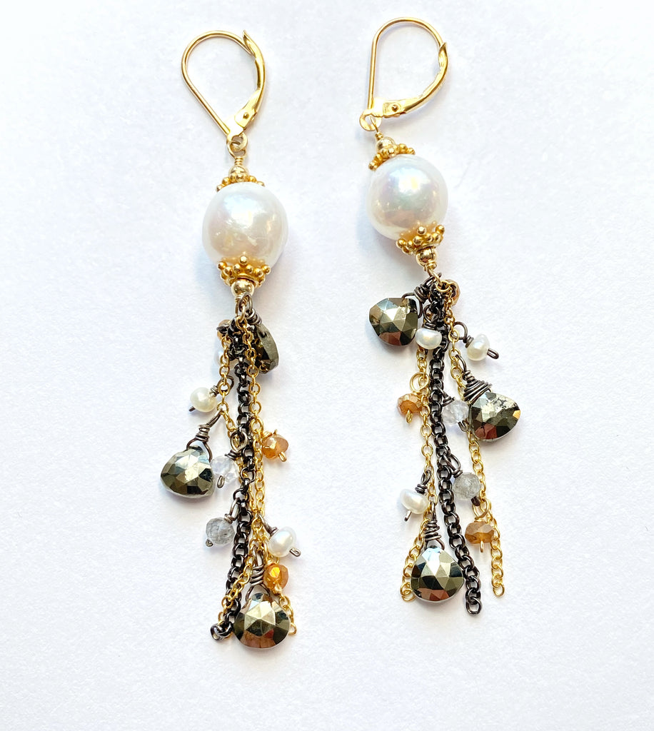 Edison Pearl Mixed Metal Long Dangle Earrings