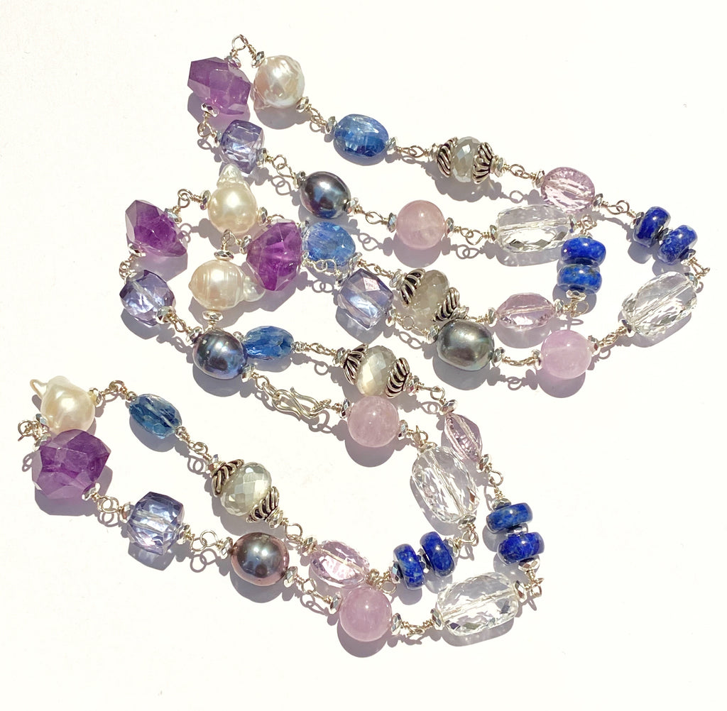 Long Blue Violet Necklace Amethyst Kyanite Pearl Crystal Quartz Sterling Silver