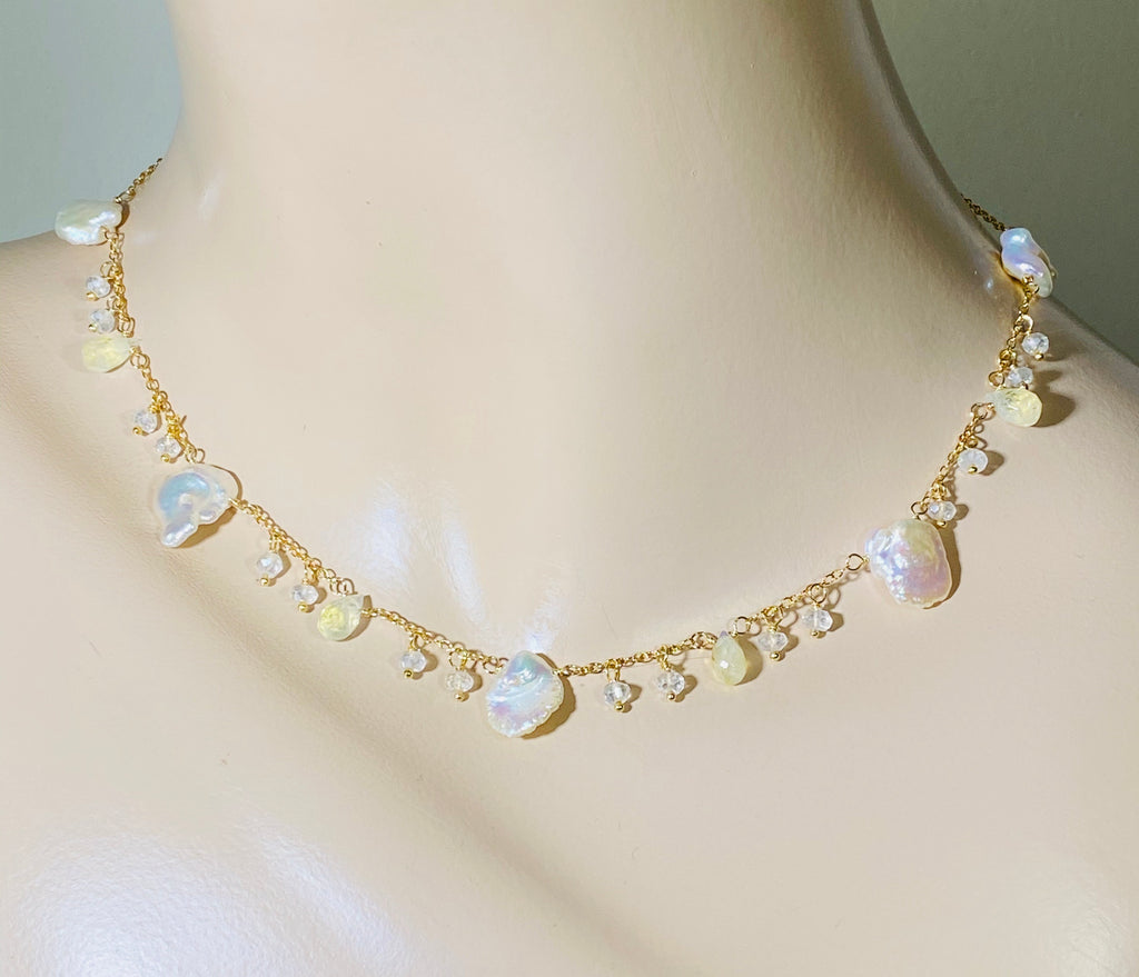 Keishi Pearl 24kt Gold Leaf Boho Dangle Necklace with Rainbow Moonstone - doolittlejewelry