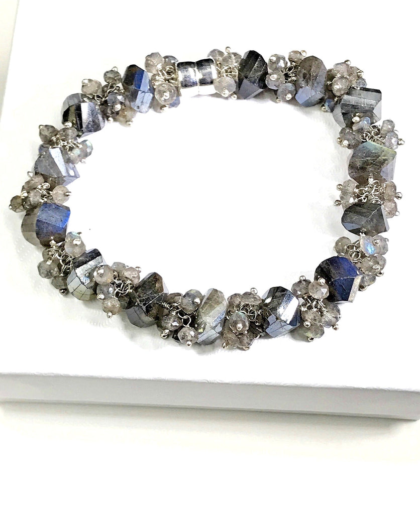 Labradorite Bangle Style Sterling Silver and Cluster Bracelet - doolittlejewelry