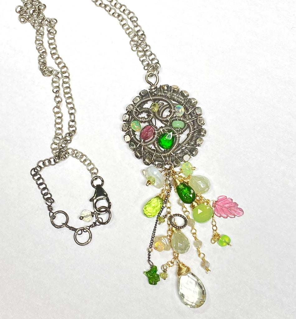 Boho Gemstone Pendant Oxidized Silver Pink Tourmaline, Opal, Green Gems