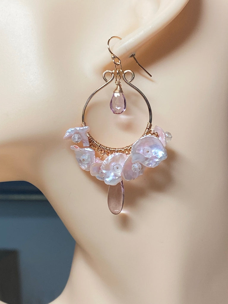 Rose Gold Hoop Earrings with Blush Keishi Pearls and Pink Topaz