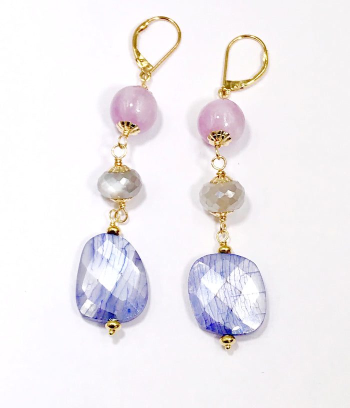 Sapphire Gem Slice and Kunzite, Moonstone Dangle Earrings