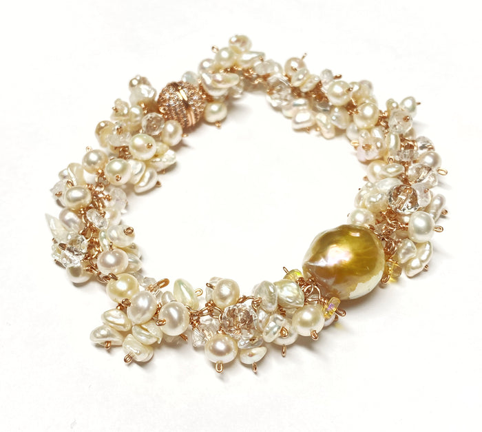 Baroque Pearl Rose Gold Cluster Bracelet Keishi Pearl Moonstone Crystal Quartz