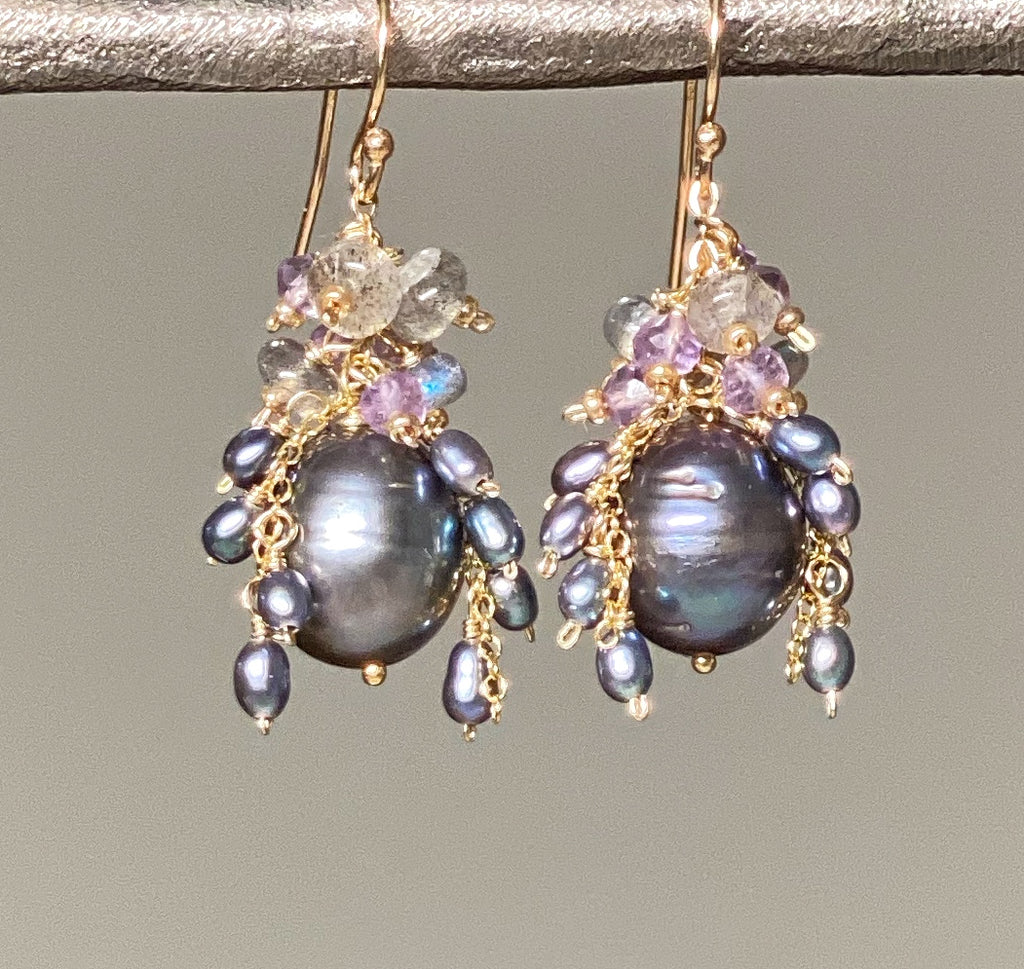 Peacock Pearl, Amethyst, Labradorite, Cluster Waterfall Earrings