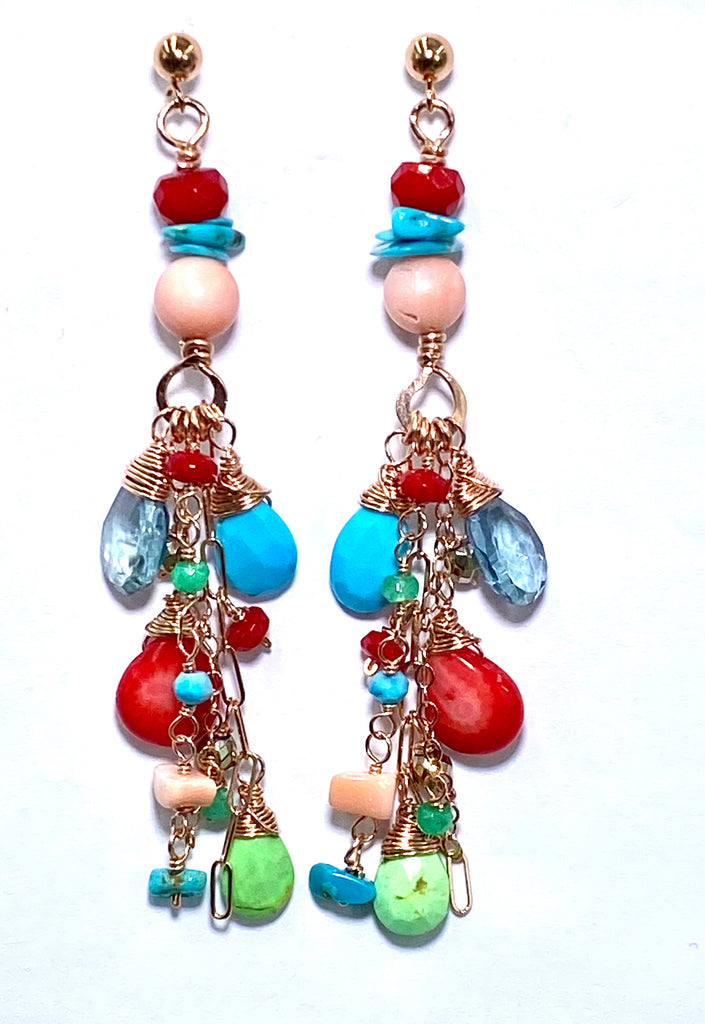 Turquoise Red Coral Rose Gold Long Boho Dangle Earrings - doolittlejewelry