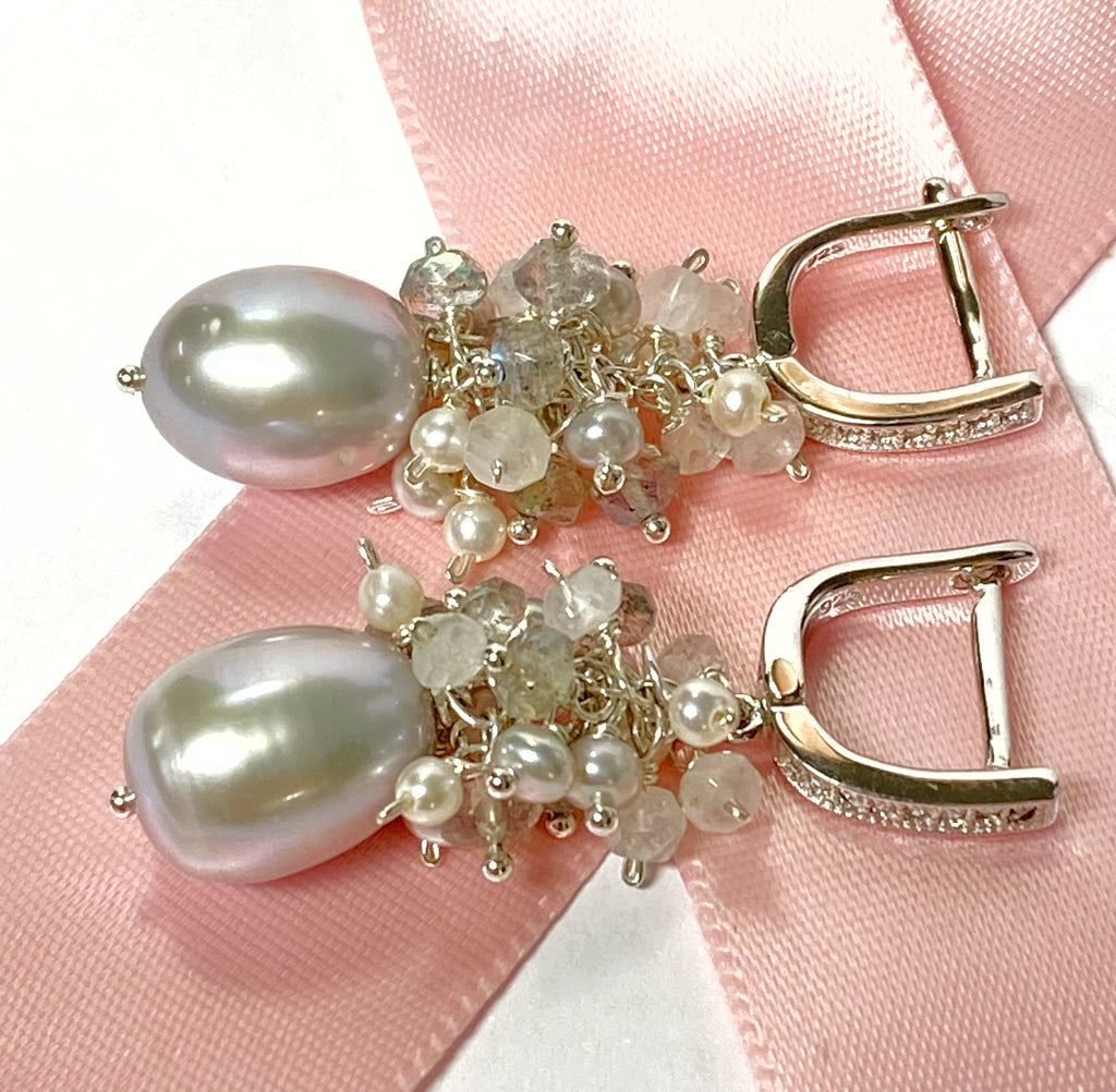gray pearl labradorite cluster earrings sterling silver