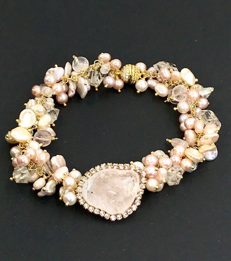 Ivory Blush Tabasco Geode Cluster Bracelet with Herkimer Diamond Quartz - doolittlejewelry