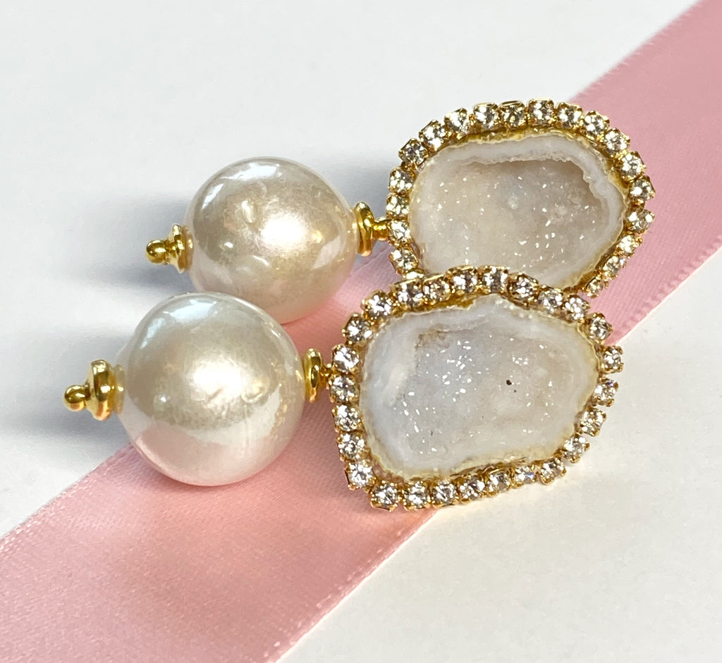 white tabasco geode post earrings with white Edison pearls wedding earrings
