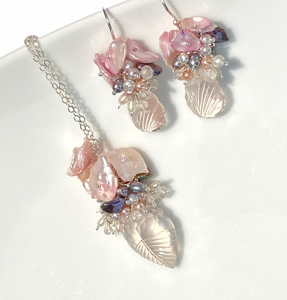 rose quartz carved leaf necklace set
