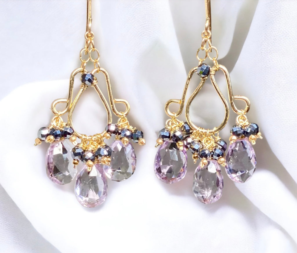 Pink Amethyst Chandelier Earrings Gold Fill with Black Clusters