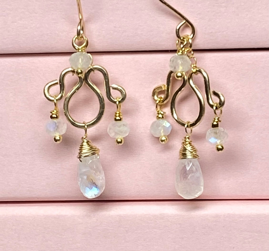 Rainbow Moonstone Petite Gold Chandelier Earrings