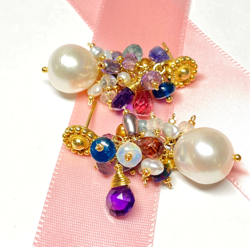 Gemstone Cluster Pearl Earrings, Amethyst, Opal, Pink Tourmaline, Gold Post