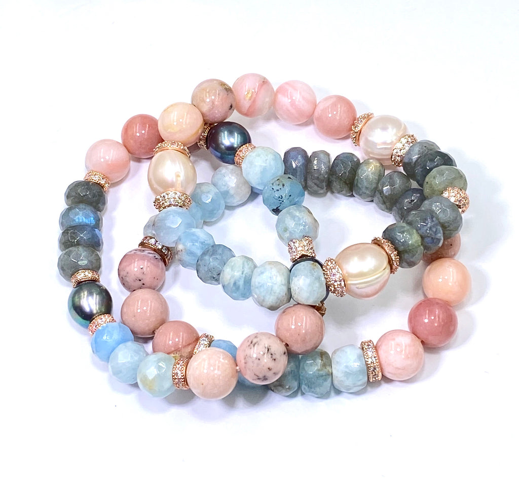 Aquamarine, Labradorite, Pink Opal, Blush Pearl, Rose Gold Pave CZ Bracelet 3 - doolittlejewelry