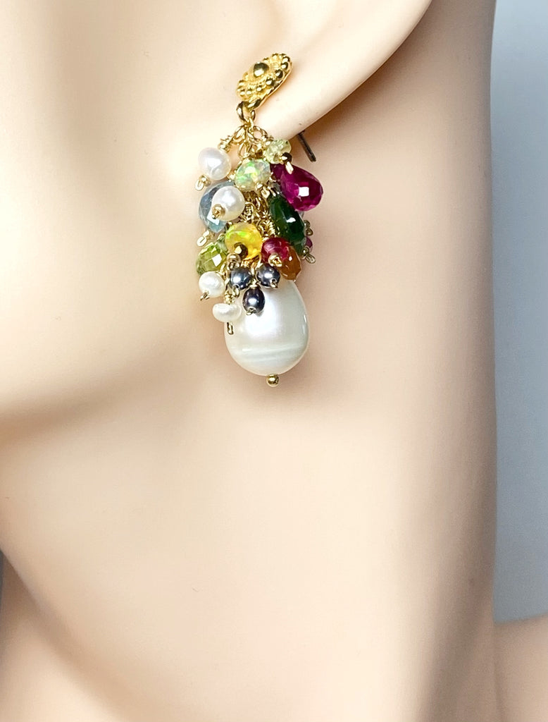 Colorful Gemstone Pearl Cluster Earrings Gold Post