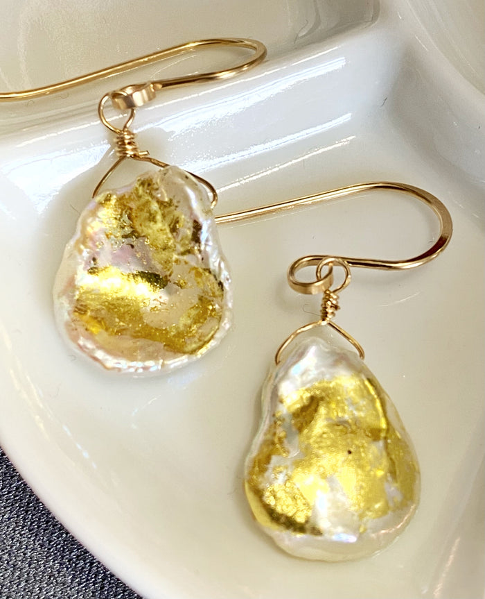 Keishi Pearl 24 kt Gold Leaf Dangle Earrings