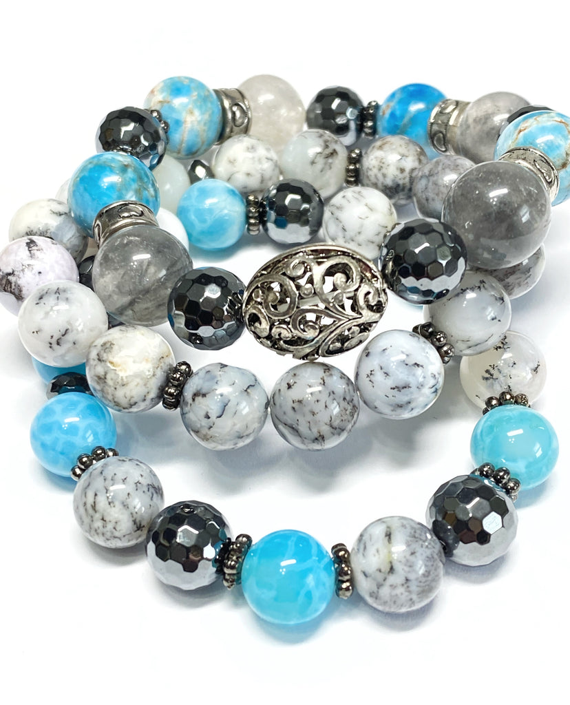 Dendritic Opal Blue Grey Silver Boho Stretch Bracelet Stacking Set of 3