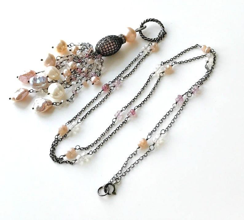 Blush Keishi Pearl Pink Spinel Oxidized Silver Long Tassel Necklace Pave CZ