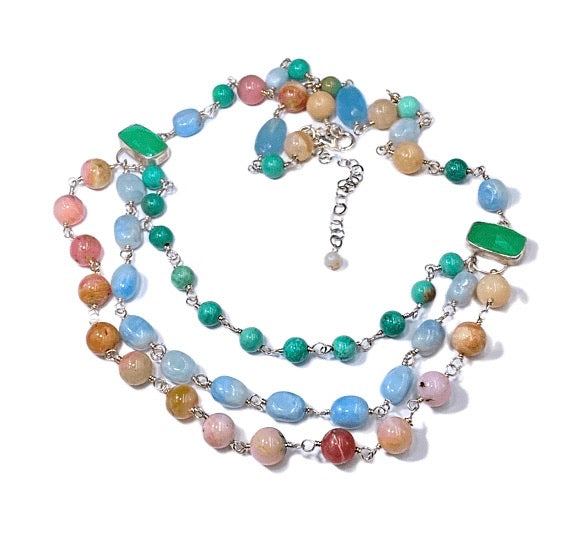 Multi-strand Necklace Multi-color Gemstone Wire Wrapped Opal Chrysoprase Aquamarine - doolittlejewelry