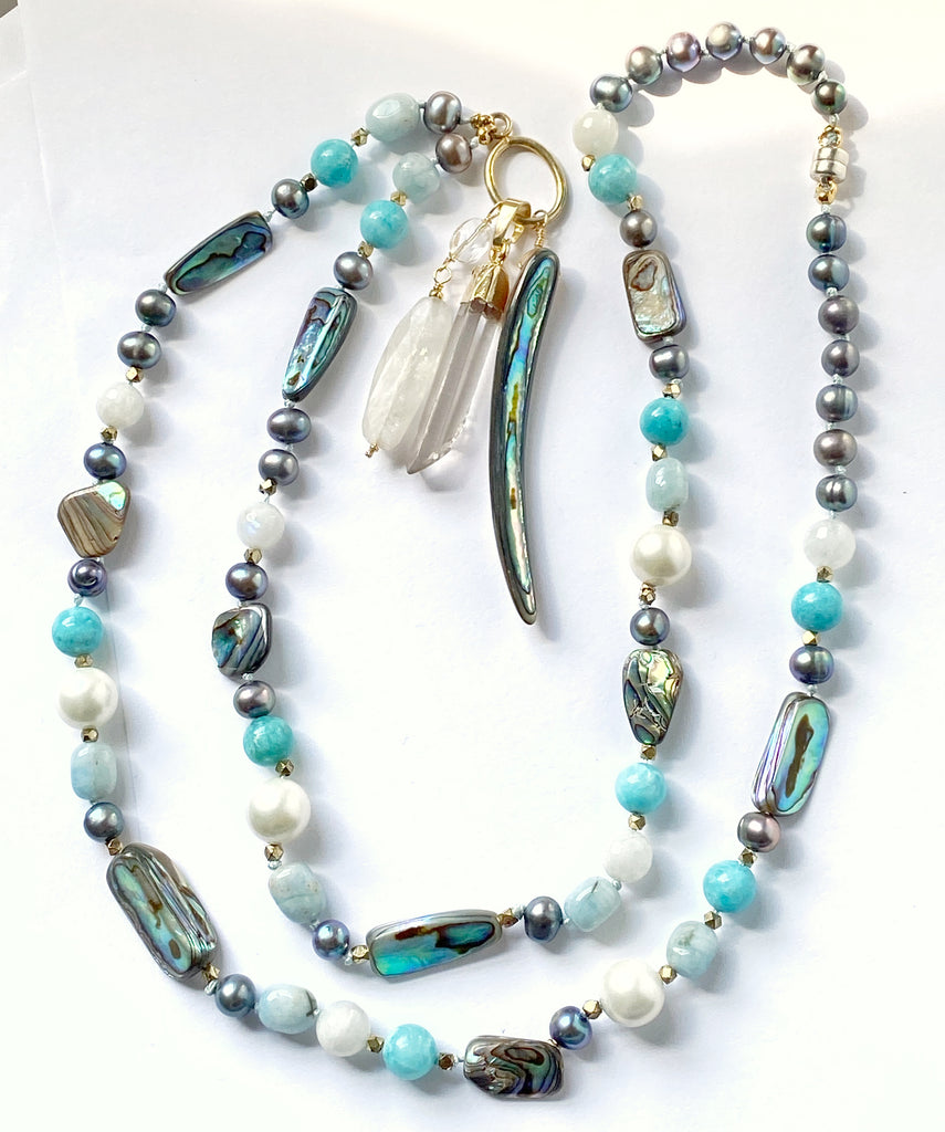 Abalone Long Necklace with Aquamarine, Moonstone, Pearl