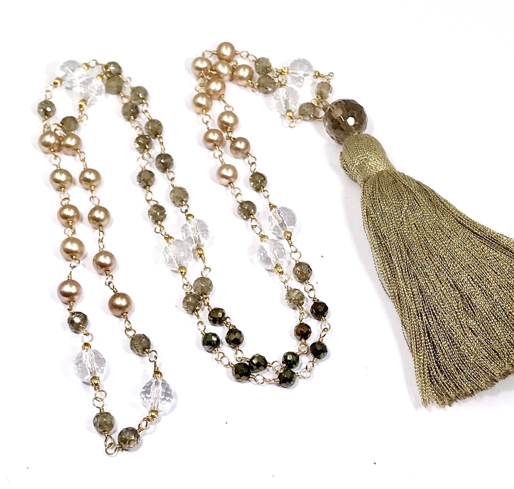 Wire Wrap Long Beaded Tassel Necklace - doolittlejewelry