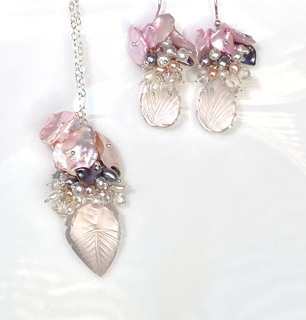 Rose Quartz Carved Leaf Necklace Set Pearl Clusters